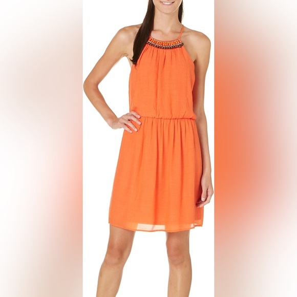 As U Wish Bead Embellished Halter Mini Dress Orange Gauze Y2K - Picture 1 of 7
